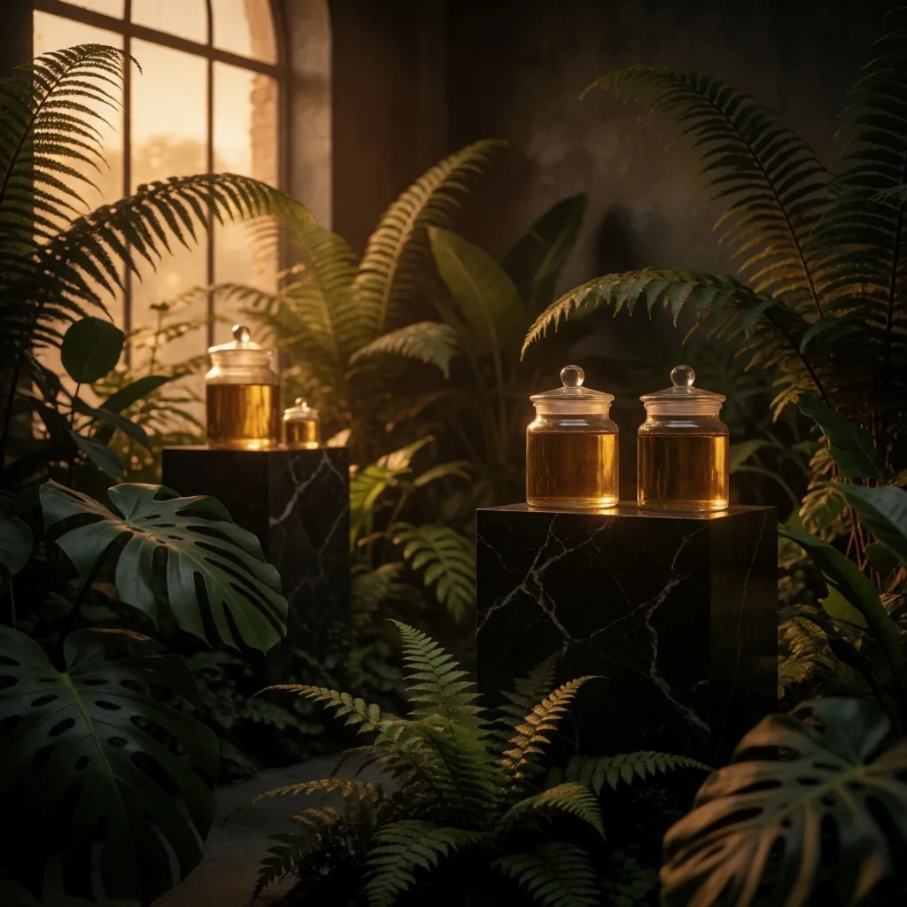 A dimly lit tropical conservatory with marble plinths holding potted botanical specimens