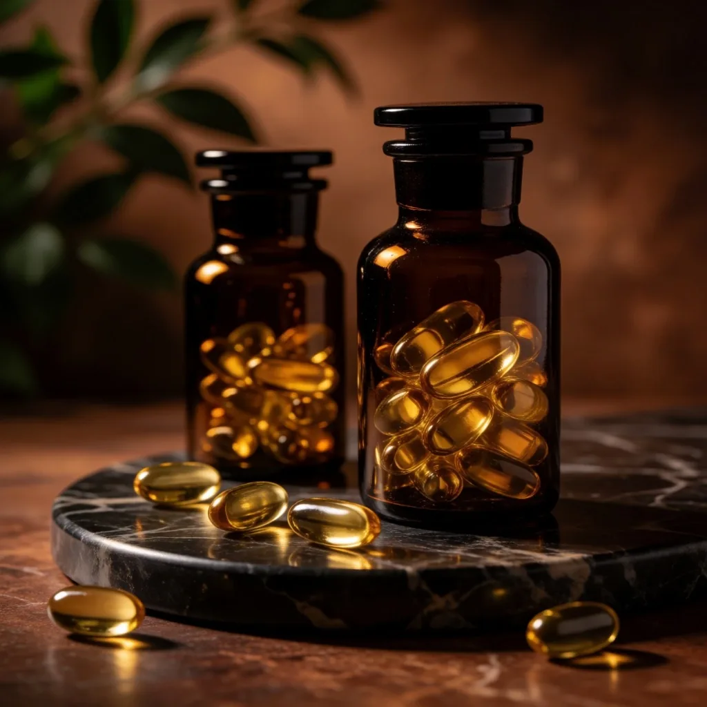 Amber glass bottles holding golden supplement capsules on a dark marble surface