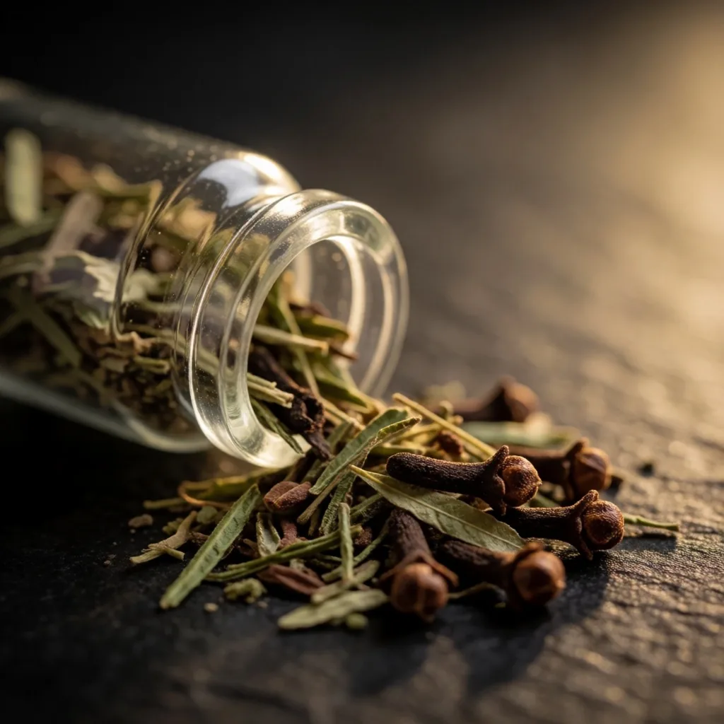 Botanical ingredients in glass jars