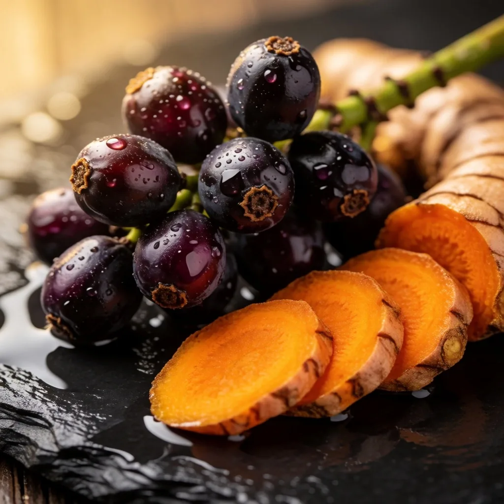 Turmeric roots and saw palmetto berries on stone