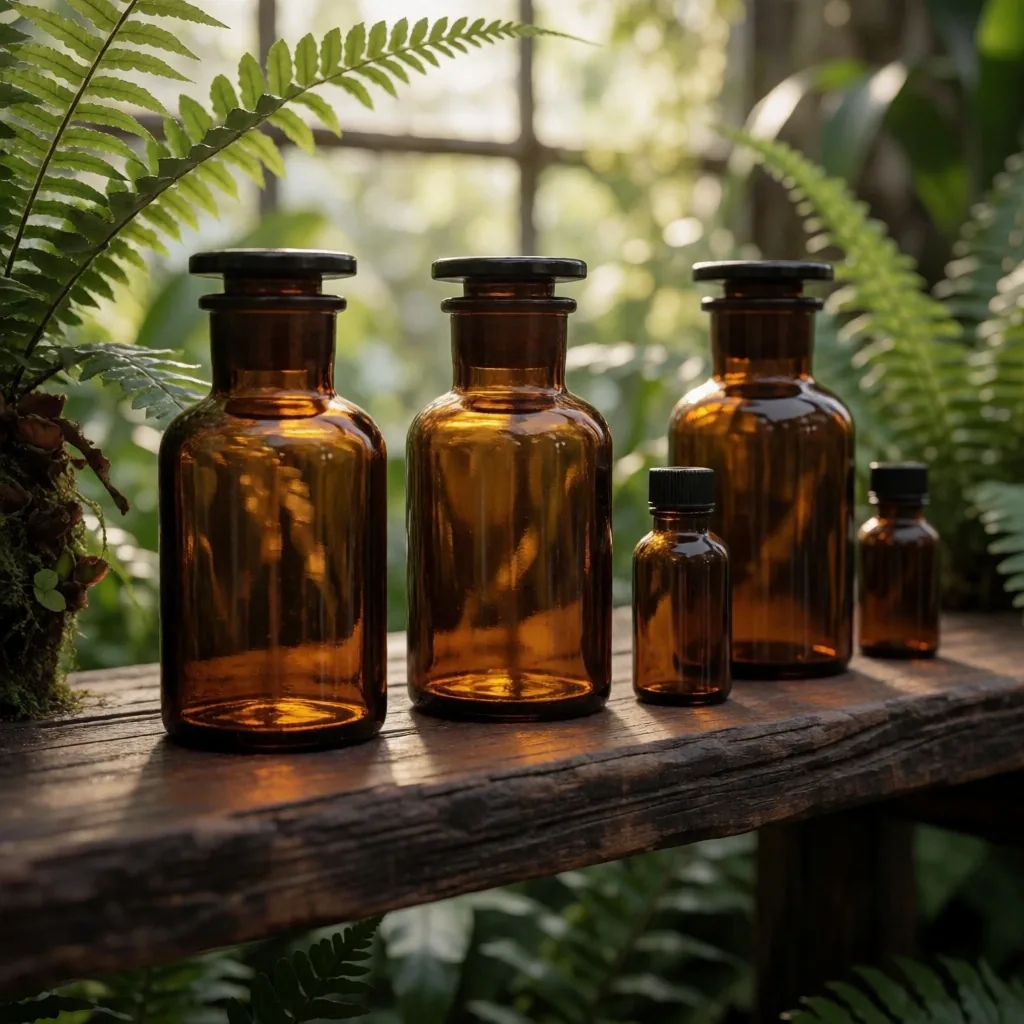 Botanical extract bottles on a conservatory shelf