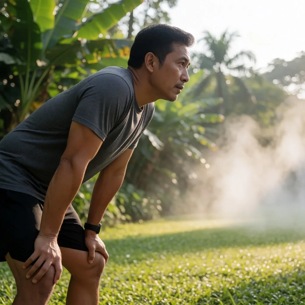 Man resting after a morning run in Jakarta