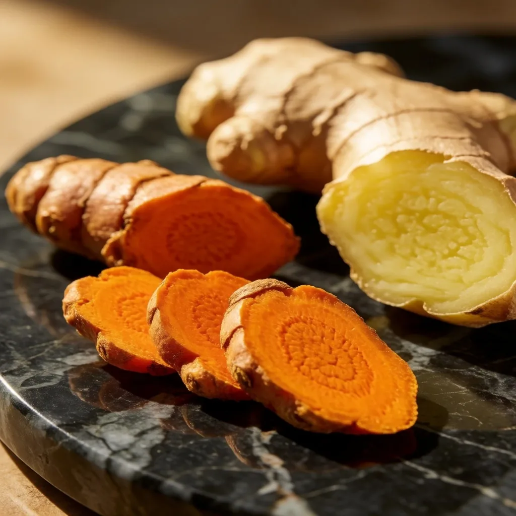 Turmeric root and ginger on dark marble